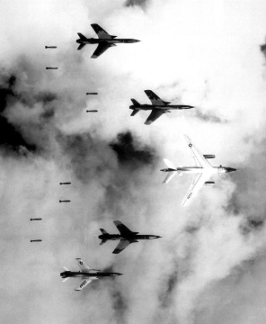 B-52 bombers dropping bombs, a public-domain photograph